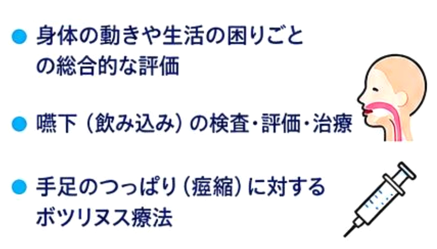 ・身体の動きや生活の困りごとの総合的な評価 ・嚥下（飲み込み）の検査・評価・治療 ・手足のつっぱりに対するボツリヌス療法